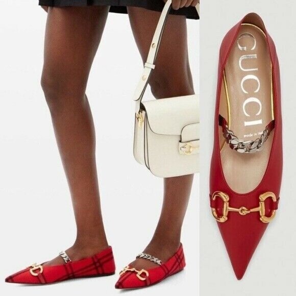 GUCCI Deva Red Lamb Leather Point Toe Horsebit Silver Chain Ballet Flats 35 - Picture 1 of 12
